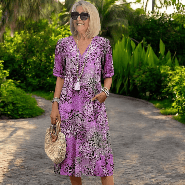 Atasha | Printed V - Neck Midi Dress - Ciara & Fiona