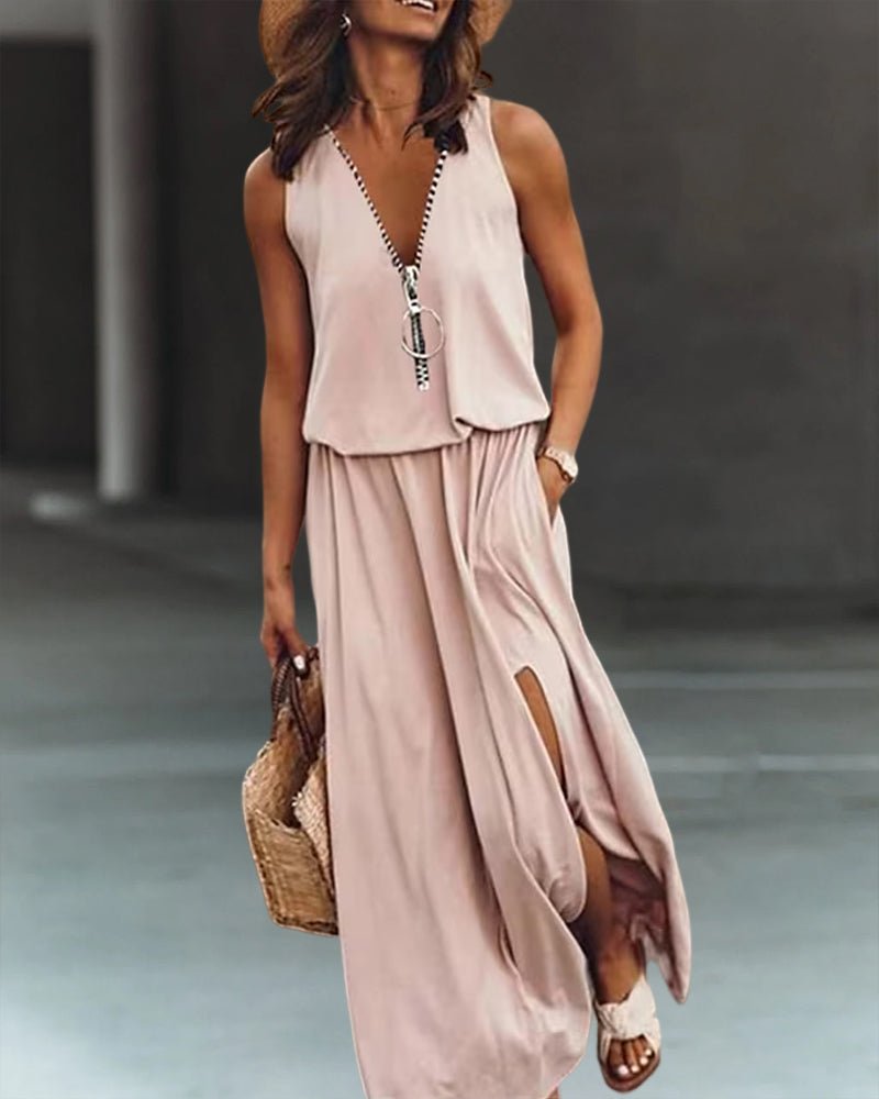 Crimson | Plain Dress with Zipper and Slit - Ciara & Fiona