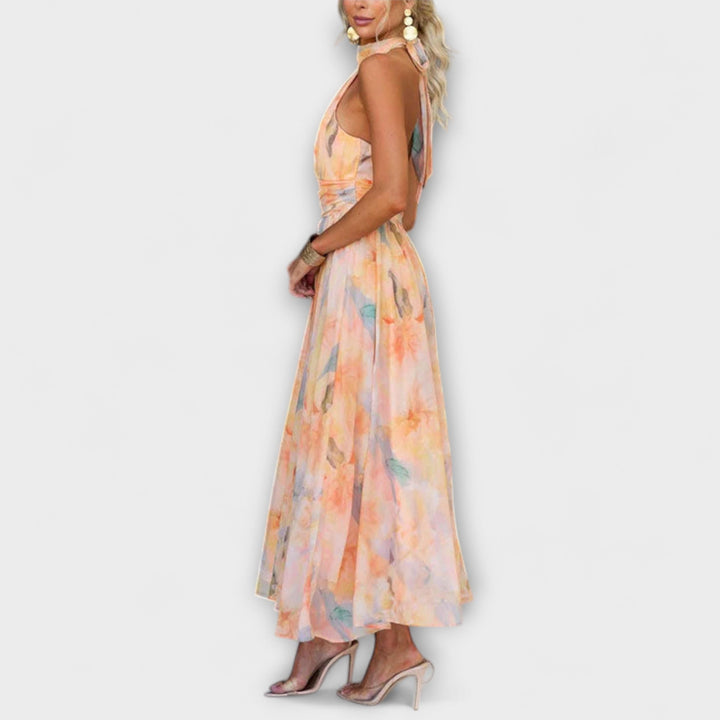 Hillary | Halter - neck Watercolor Print Maxi Dress - Ciara & Fiona