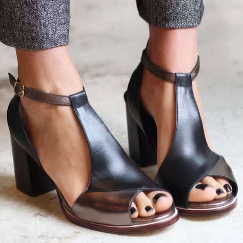 Nadaria | Black patchwork peep toe heeled sandals - Ciara & Fiona