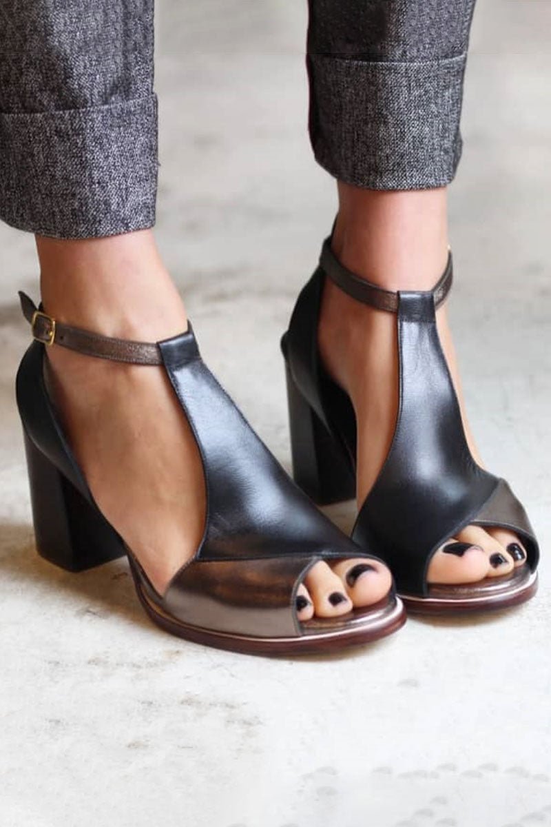 Nadaria | Black patchwork peep toe heeled sandals - Ciara & Fiona