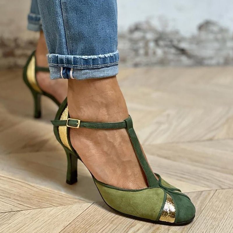Taviana | Patchwork Heels with T - Strap and Closed Toe - Ciara & Fiona