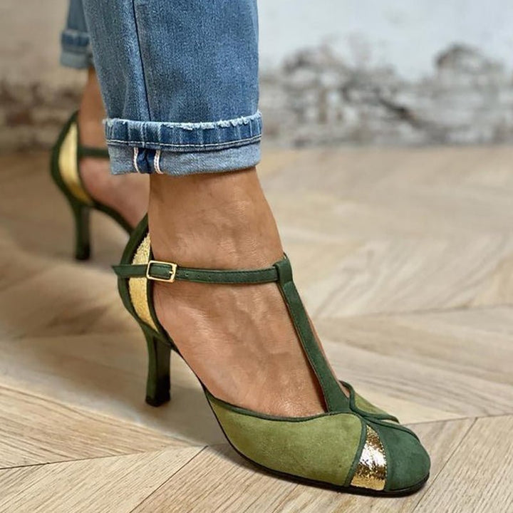 Taviana | Patchwork Heels with T - Strap and Closed Toe - Ciara & Fiona