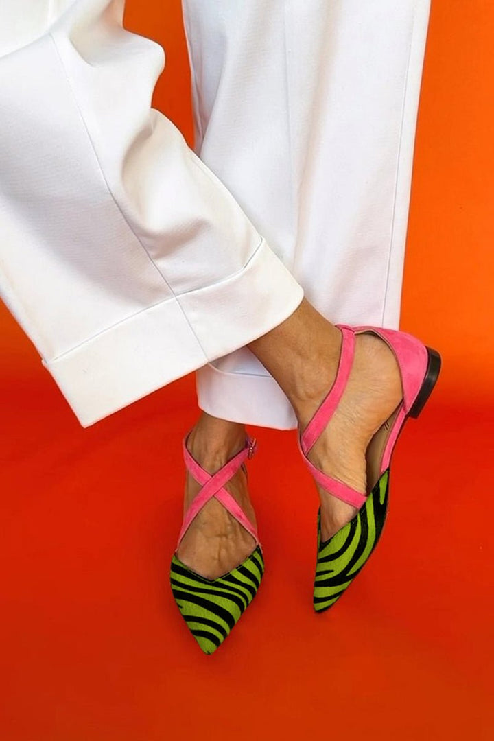 Zarella | Zebra Print Flat Sandals with Crossed Ankle Straps - Ciara & Fiona